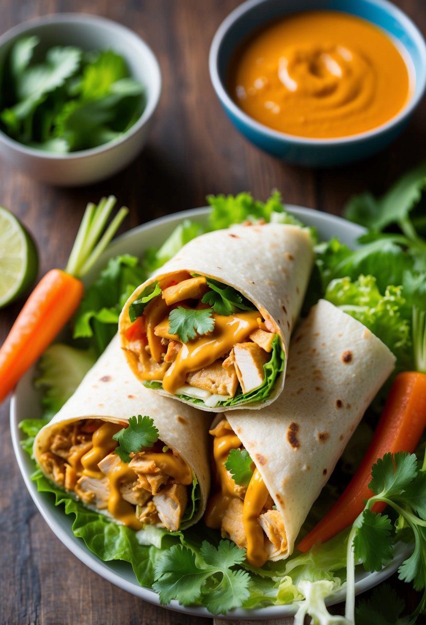 A colorful Thai chicken wrap with peanut sauce surrounded by fresh ingredients like lettuce, carrots, and cilantro, with a side of spicy dipping sauce