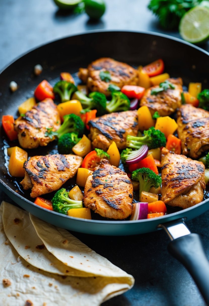 A sizzling hot pan filled with grilled chicken and colorful vegetables, ready to be wrapped in a soft tortilla