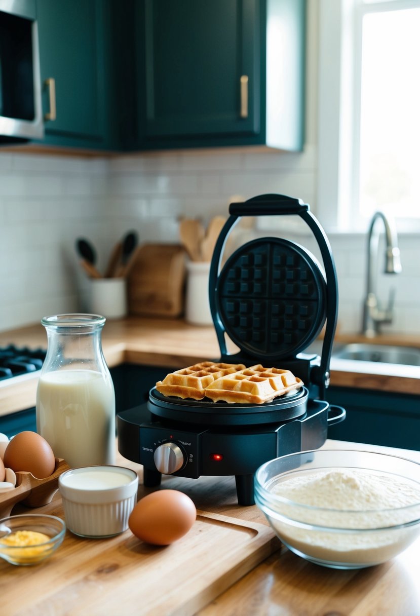 A kitchen counter with ingredients for waffle recipes, including flour, eggs, milk, and a waffle iron