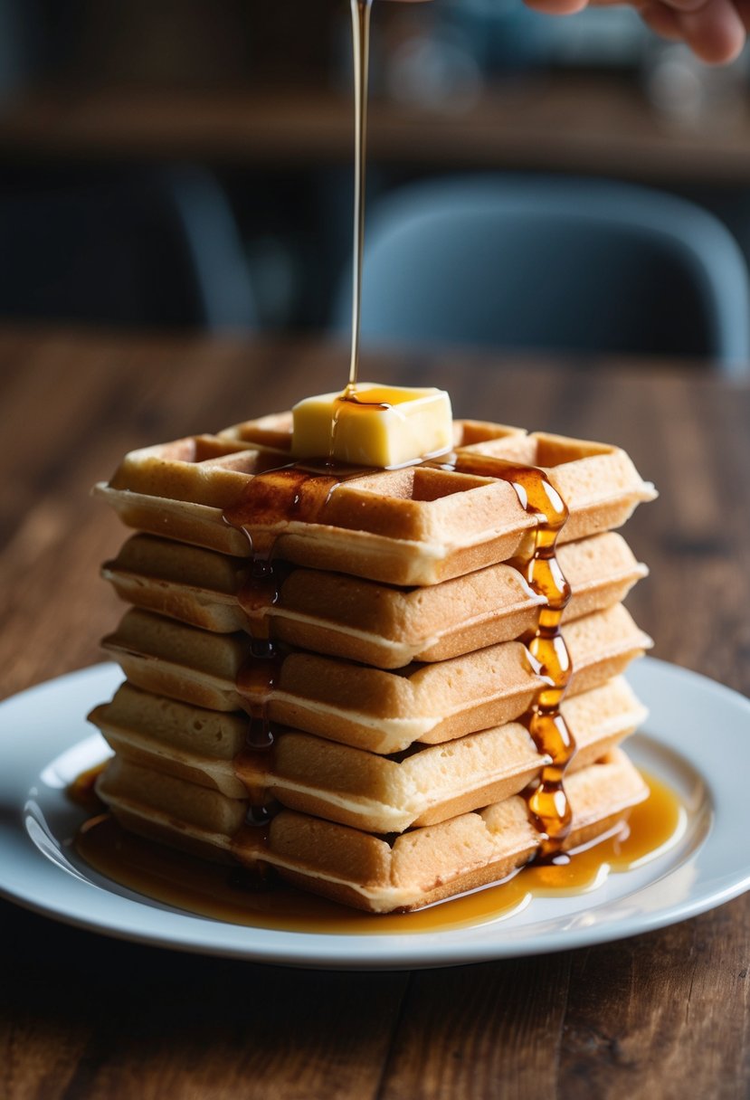 A stack of golden brown buttermilk waffles topped with melting butter and drizzled with syrup on a white plate