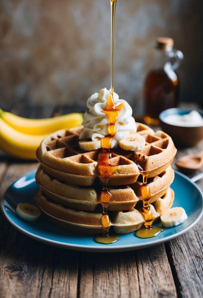 Freshly baked banana nut waffles on a rustic wooden table with a dollop of whipped cream and a drizzle of maple syrup