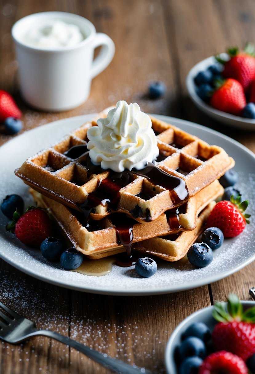 A plate of chocolate chip waffles topped with syrup and a dollop of whipped cream, surrounded by fresh berries and a dusting of powdered sugar