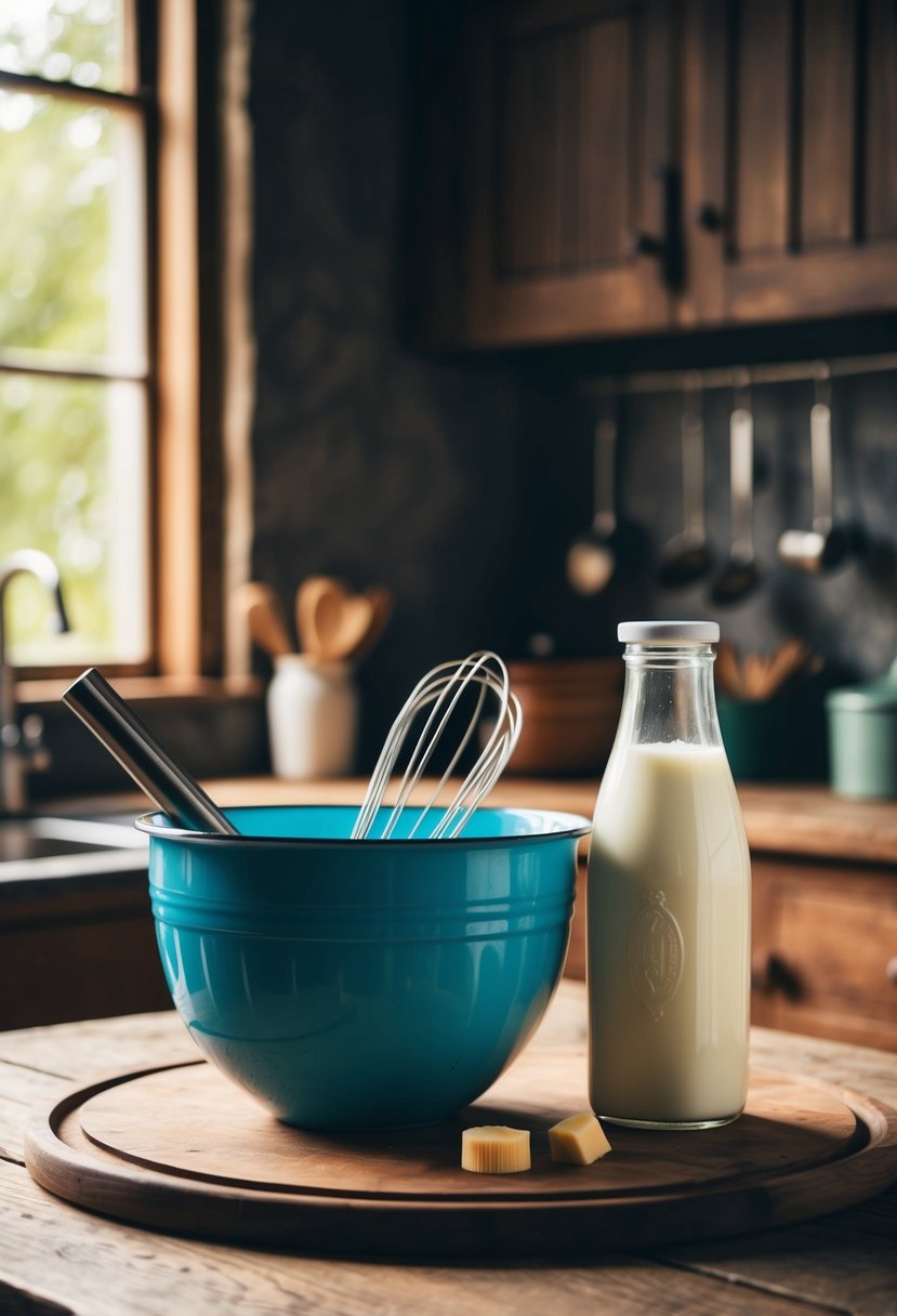 A rustic kitchen with a vintage mixing bowl, a whisk, and a bottle of buttermilk on a wooden table