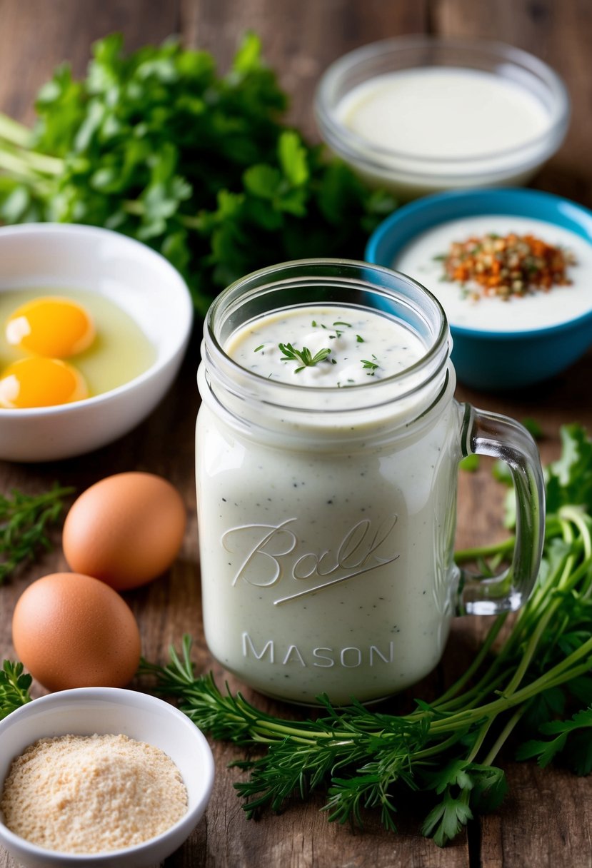 A mason jar filled with creamy buttermilk ranch dressing surrounded by fresh herbs and a bowl of buttermilk, eggs, and spices