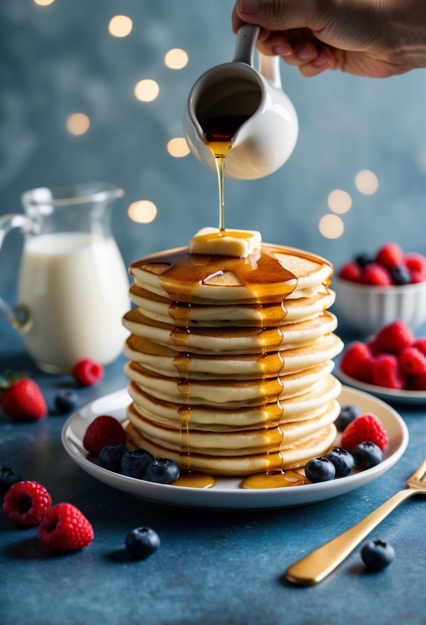 A stack of golden buttermilk pancakes topped with melting butter and drizzled with maple syrup, surrounded by fresh berries and a pitcher of buttermilk