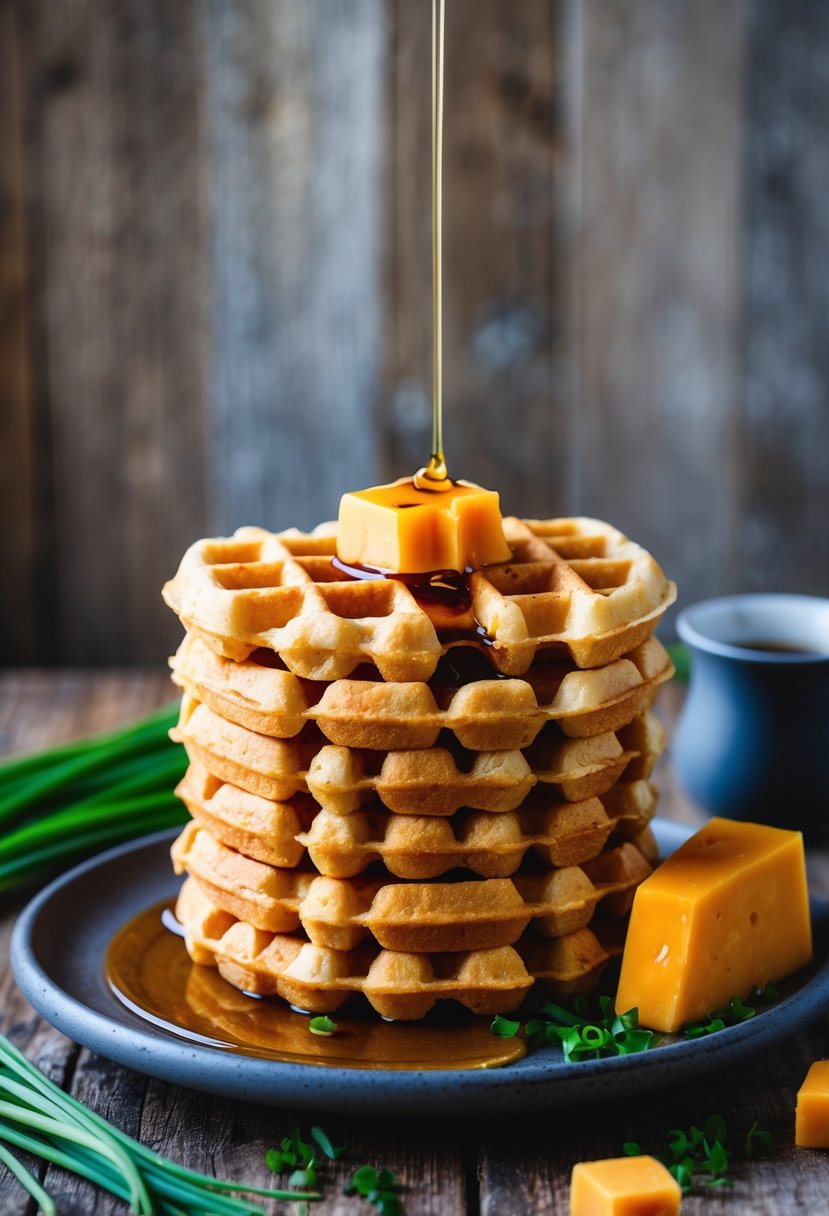 A stack of golden, savory cheddar and chive waffles on a rustic wooden table, surrounded by fresh chives, a chunk of cheddar cheese, and a drizzle of maple syrup