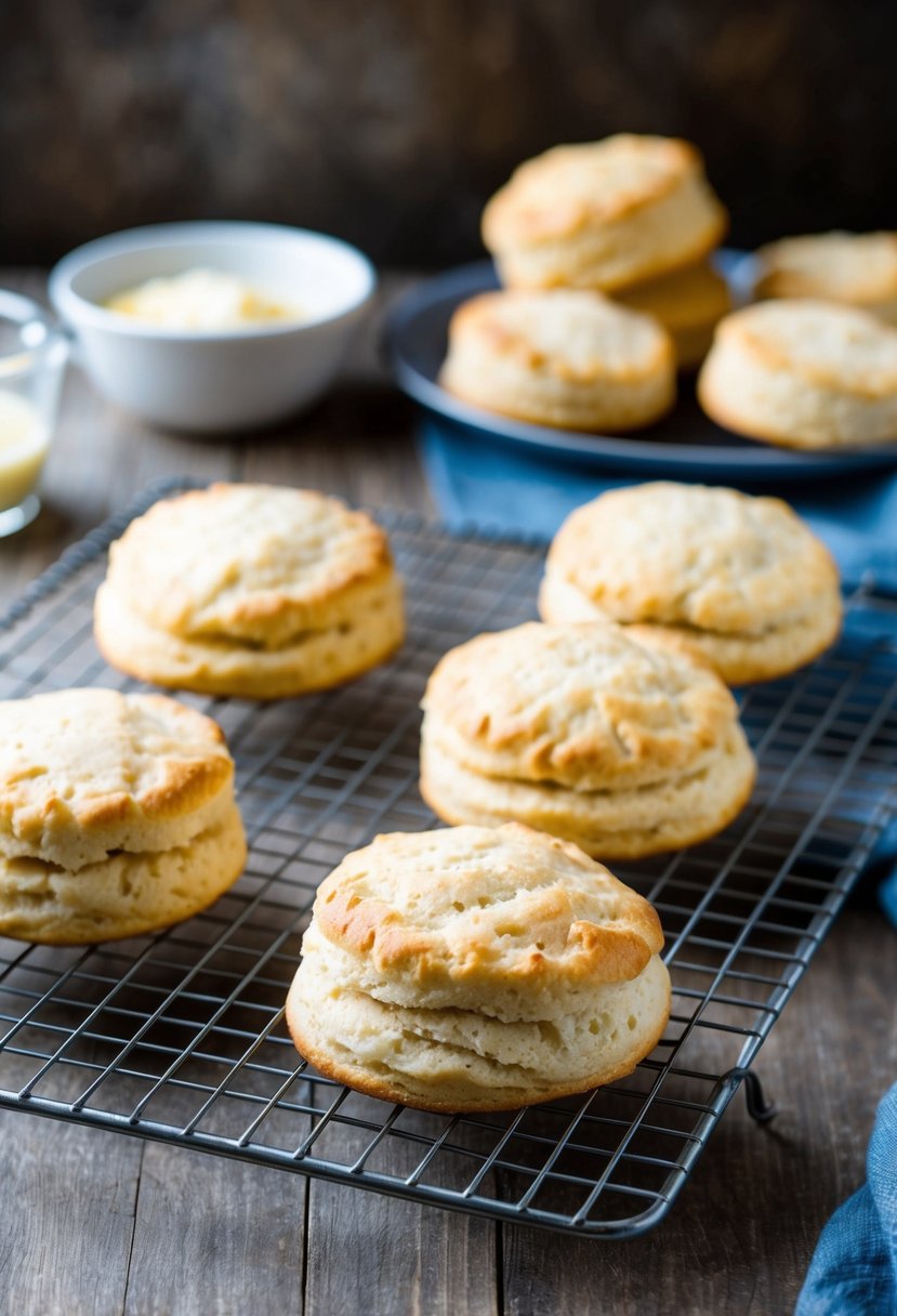 Freshly baked buttermilk biscuits cooling on a wire rack, a bowl of buttermilk and ingredients nearby