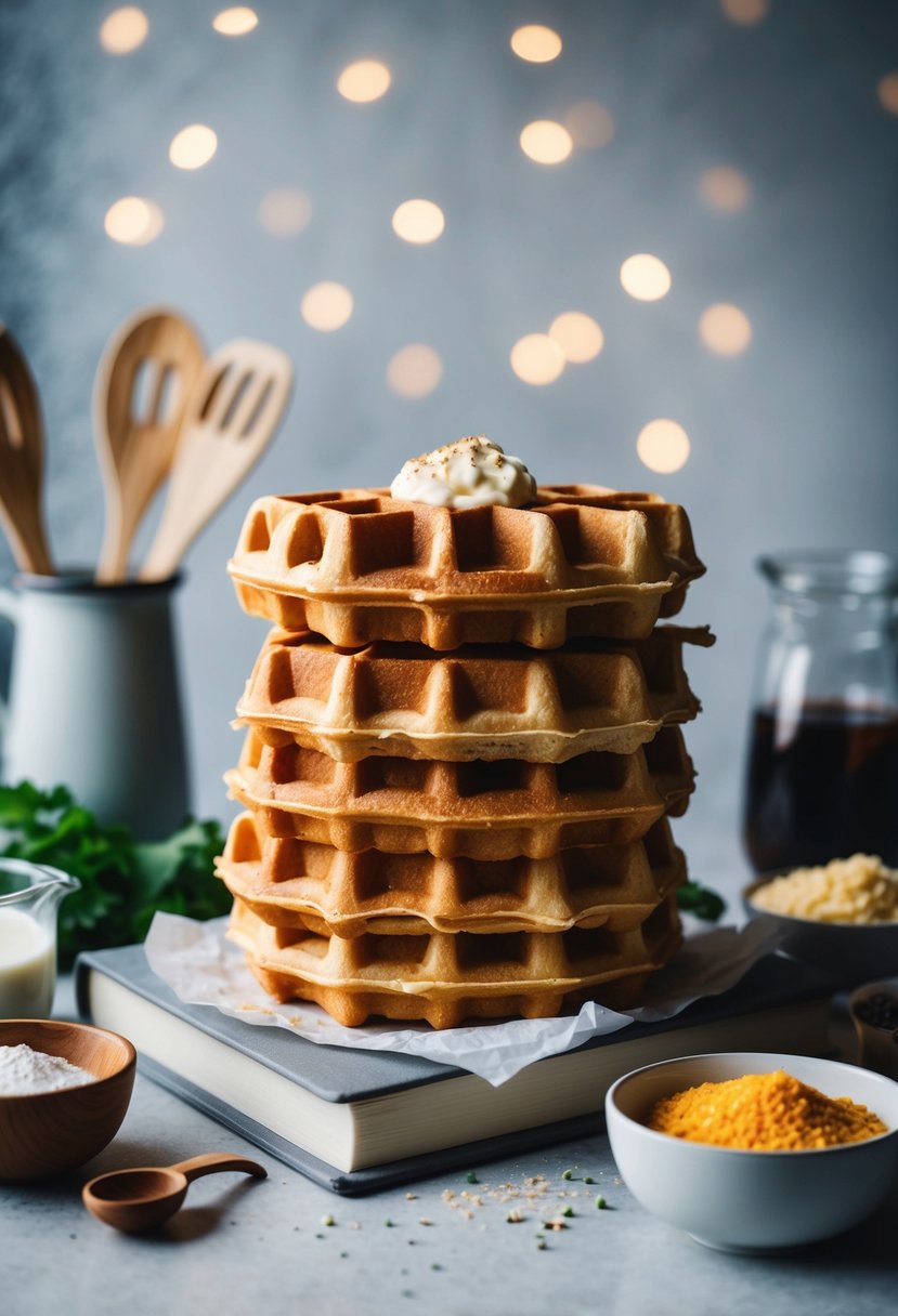 A stack of Liege waffles surrounded by ingredients and a recipe book