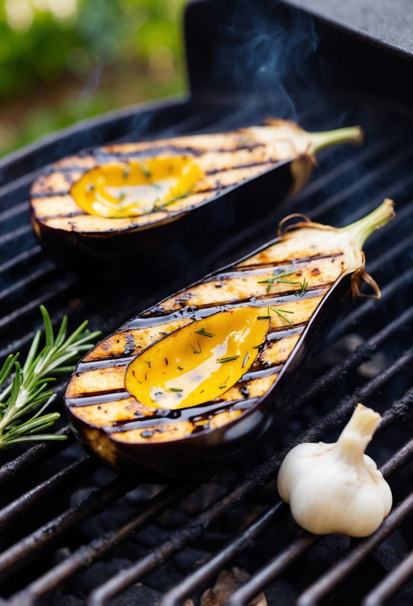 Eggplant halves on a grill, charred and glistening with olive oil. Rosemary and garlic scattered nearby