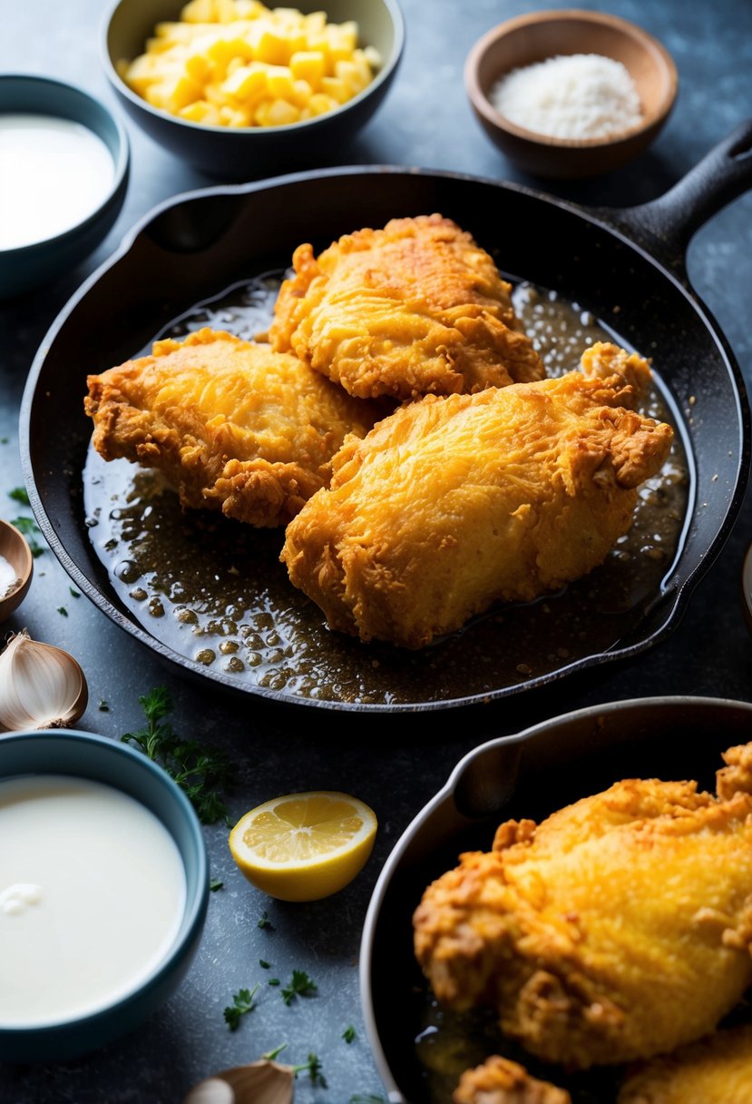 Golden fried chicken sizzling in a skillet, surrounded by bowls of buttermilk and ingredients for buttermilk recipes