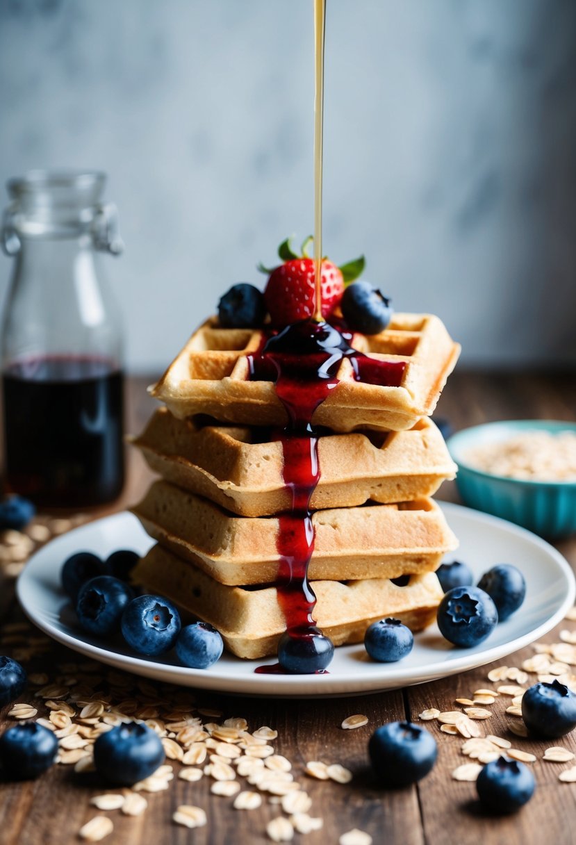 A stack of blueberry oat waffles with fresh berries and a drizzle of syrup on a white plate, surrounded by a scattering of oats and blueberries