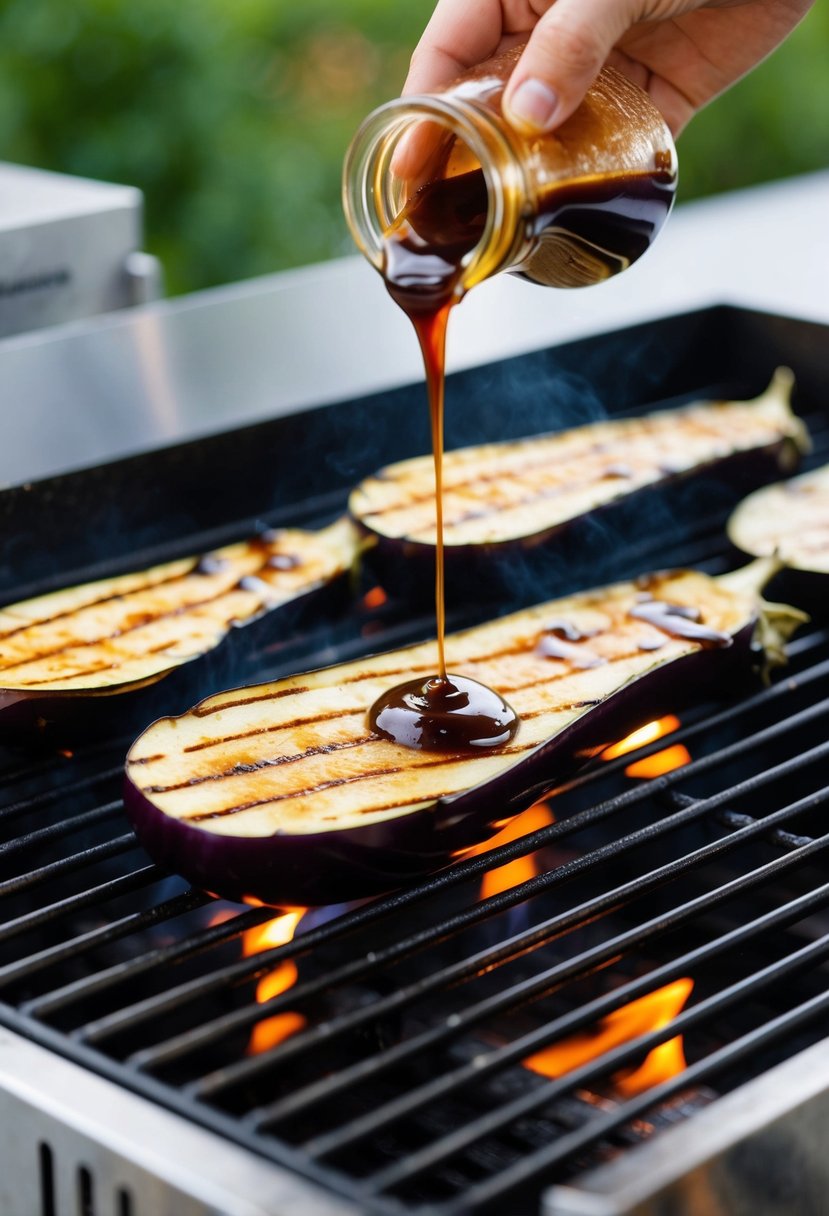 Sliced eggplant sizzling on a grill, drizzled with balsamic glaze