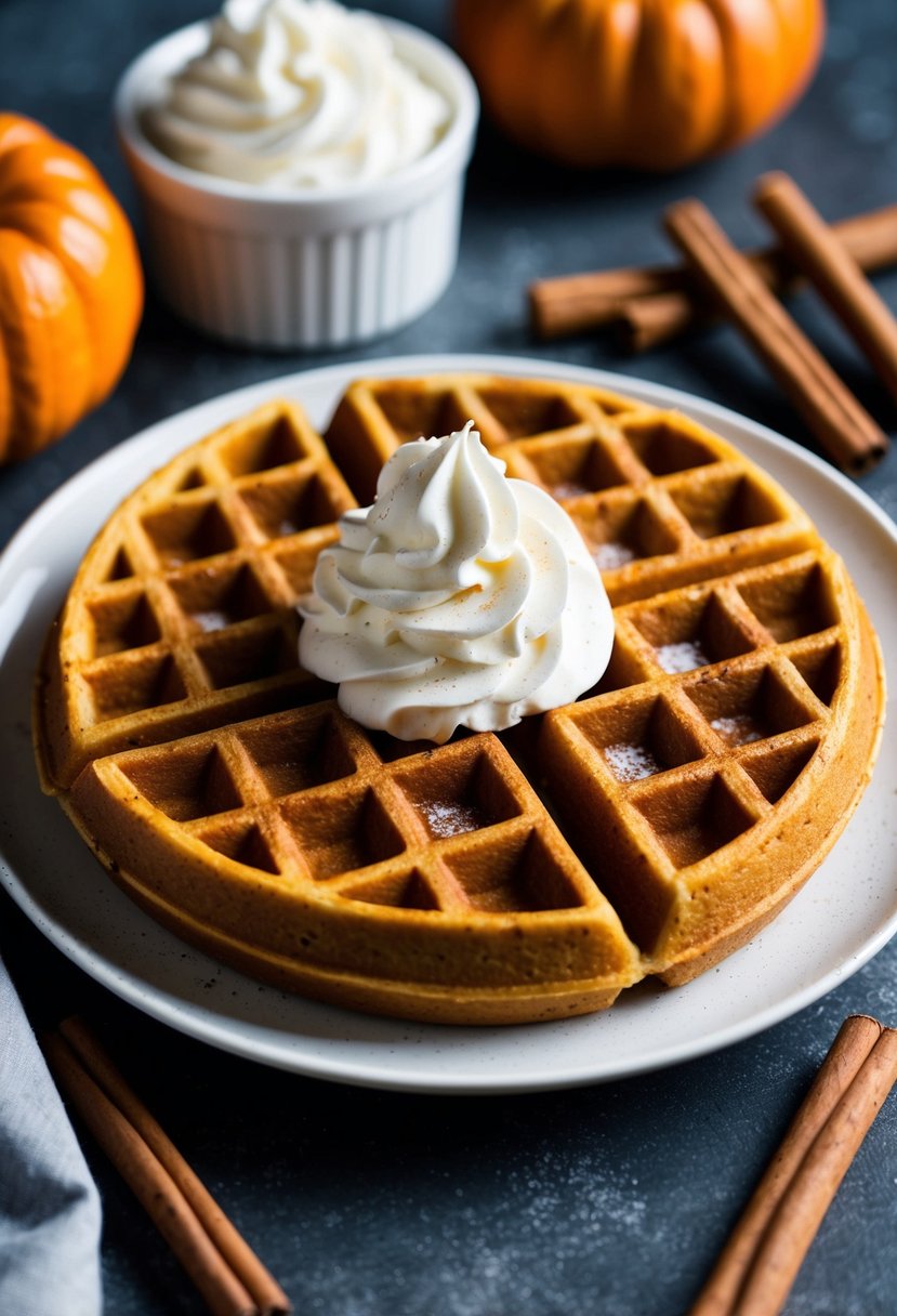 A plate of pumpkin spice waffles surrounded by cinnamon sticks and a dollop of whipped cream