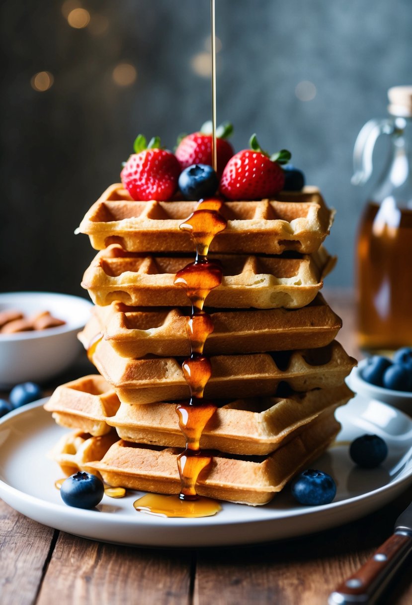 A stack of golden almond waffles topped with fresh berries and drizzled with maple syrup