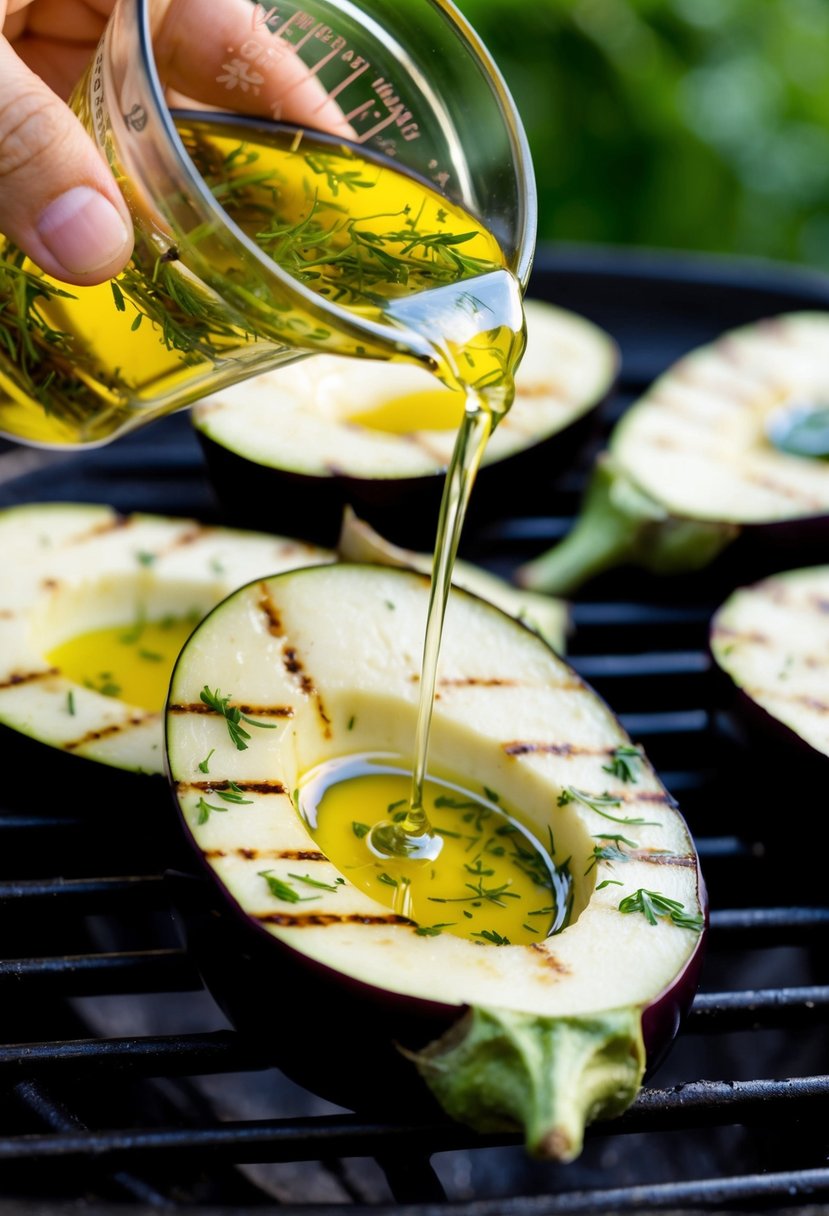 Sliced eggplant marinating in herb-infused oil, ready for grilling