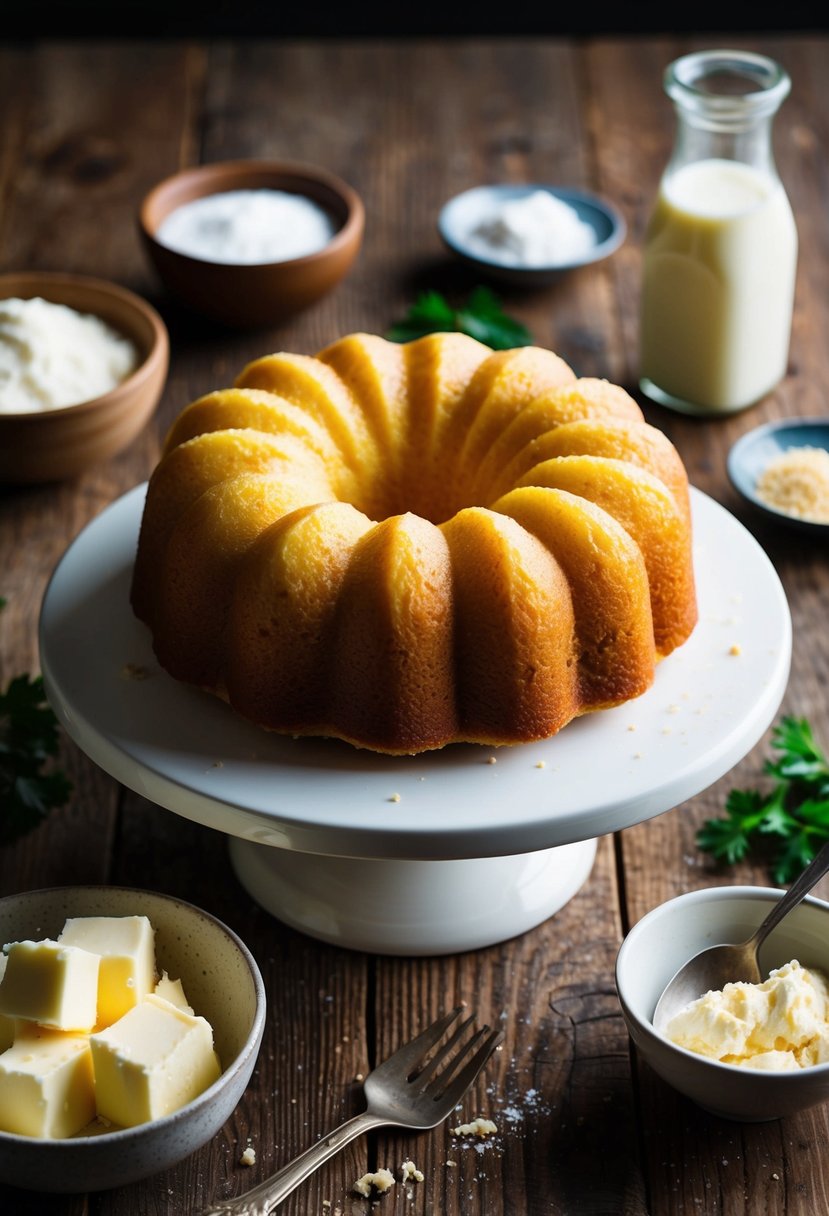 A golden Buttermilk Pound Cake surrounded by fresh buttermilk and ingredients on a rustic wooden table