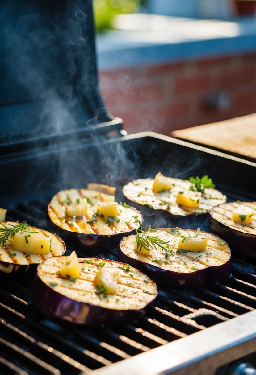 A sizzling grill with sliced eggplant, sprinkled with garlic and herbs