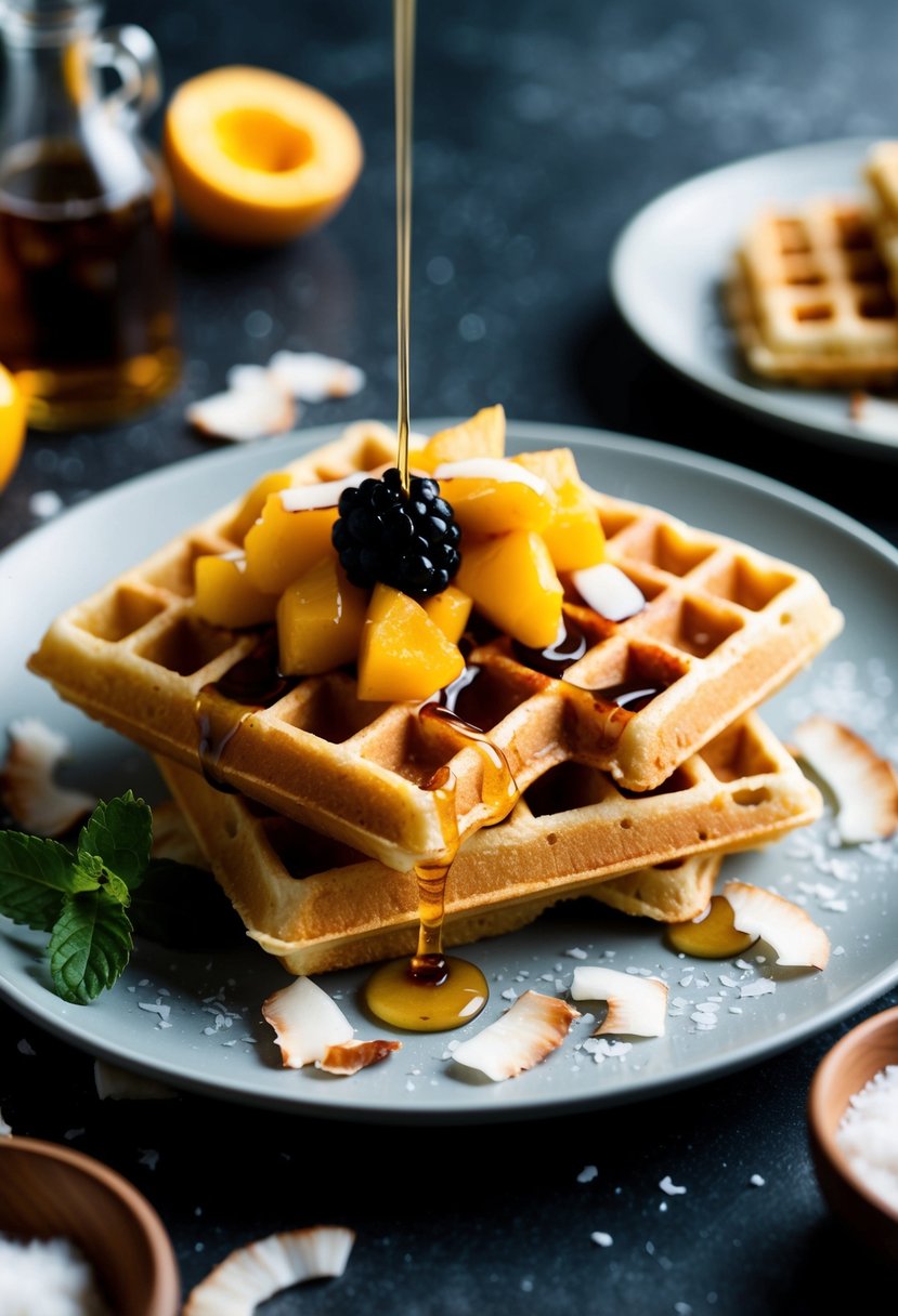 A plate of golden vegan coconut waffles topped with fresh fruit and drizzled with maple syrup, surrounded by coconut shavings and a sprig of mint