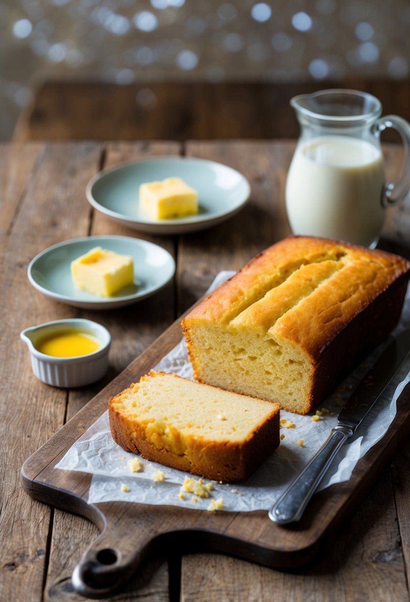 A rustic kitchen table set with a golden brown buttermilk cornbread loaf, a small dish of melted butter, and a pitcher of buttermilk