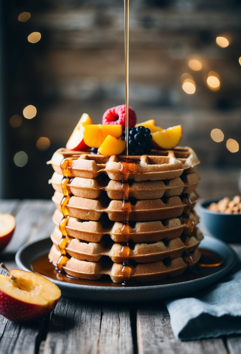 A stack of whole wheat waffles topped with fresh fruit and drizzled with syrup on a rustic wooden table