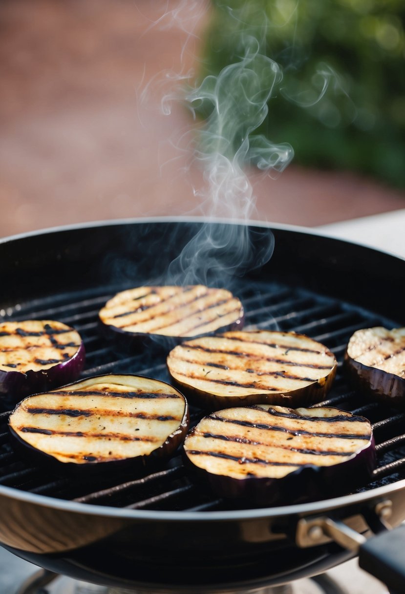 A sizzling eggplant slices on a hot grill, emitting a savory aroma with charred grill marks