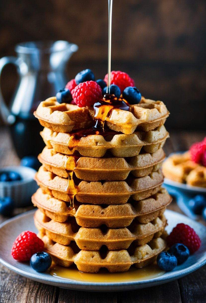 A stack of golden, crispy quinoa waffles topped with fresh berries and a drizzle of maple syrup, served on a rustic wooden table