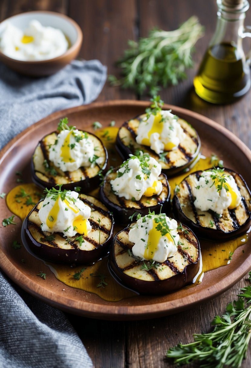 Grilled eggplant slices topped with dollops of whipped feta, garnished with fresh herbs and drizzled with olive oil on a rustic wooden platter