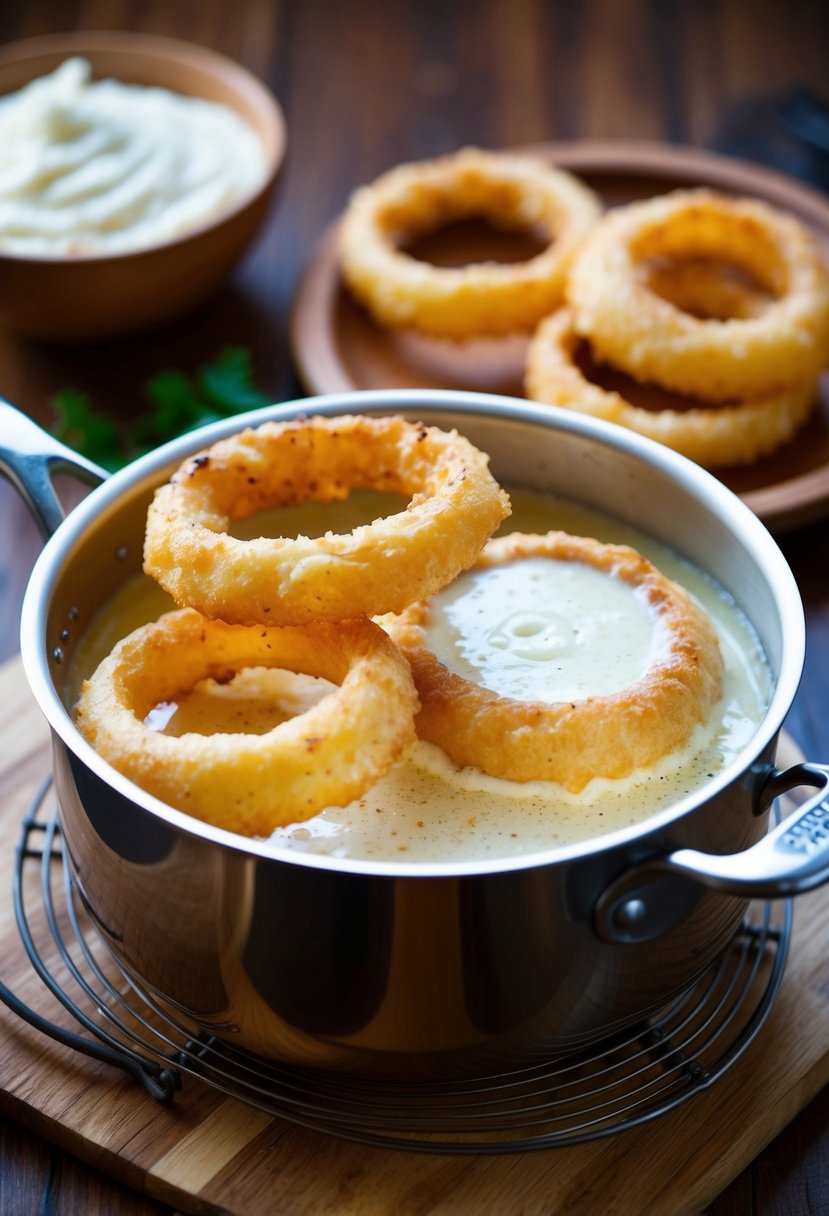 Golden onion rings sizzling in a bubbling pot of buttermilk batter