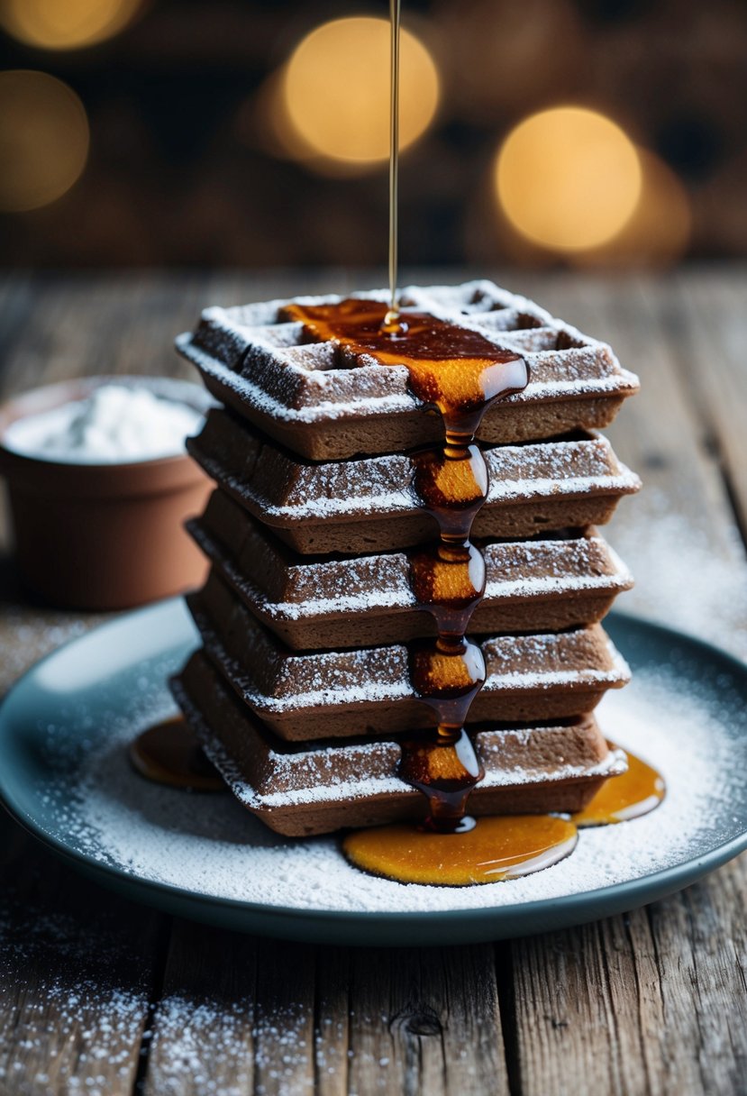 A stack of gingerbread waffles topped with syrup and powdered sugar on a rustic wooden table