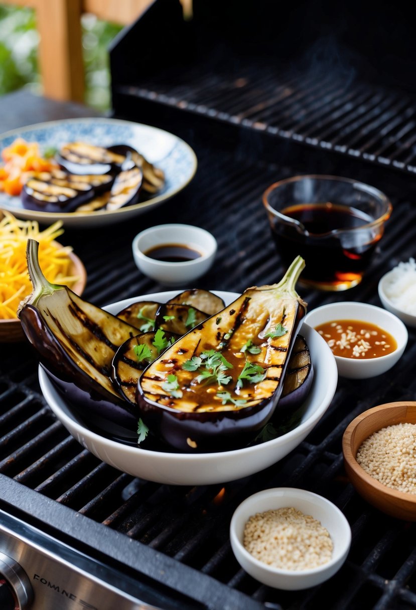 A bowl of marinated eggplant sits next to a grill, with soy sauce and other ingredients scattered around