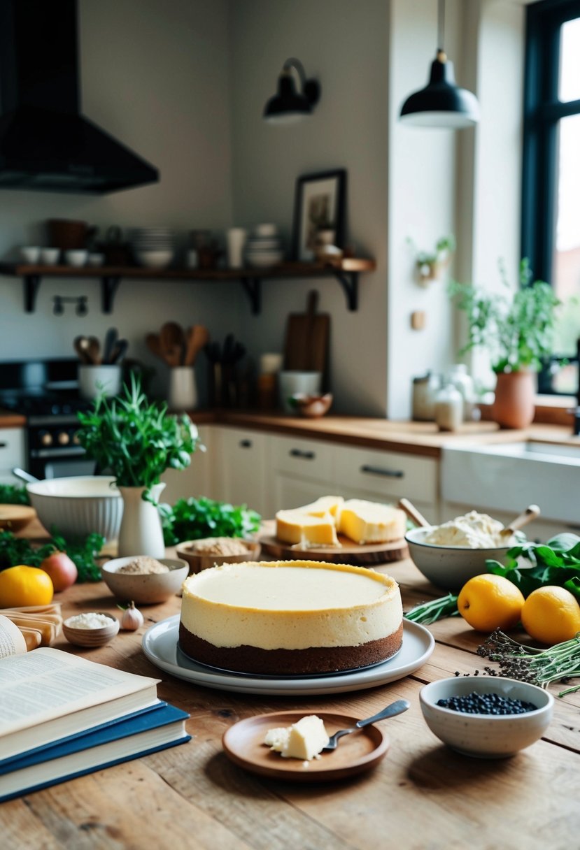 A rustic kitchen table set with a buttermilk cheesecake surrounded by fresh ingredients and recipe books