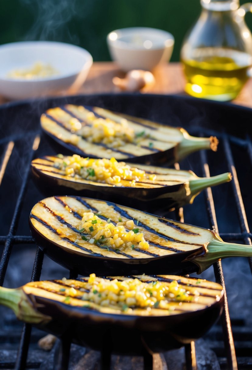 A sizzling eggplant halves on a hot grill, drizzled with olive oil and sprinkled with minced garlic