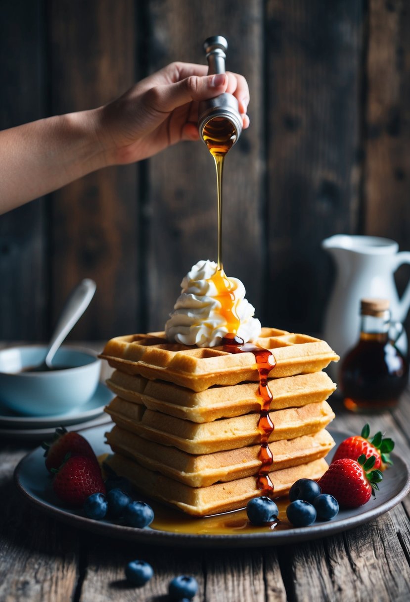 A stack of golden cornmeal waffles on a rustic wooden table, surrounded by fresh berries, a dollop of whipped cream, and a drizzle of maple syrup