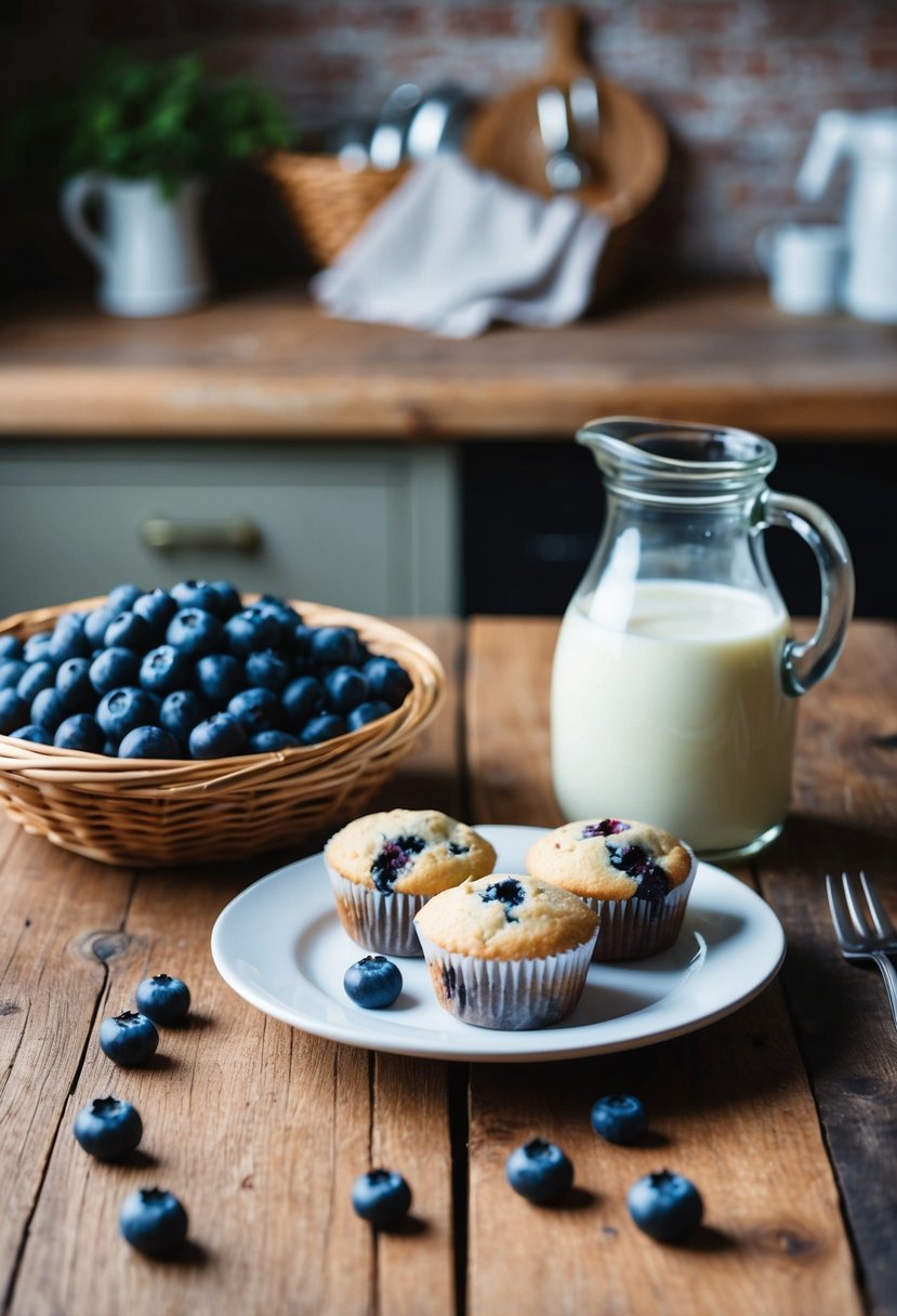 A rustic kitchen table with a basket of fresh blueberries, a jug of buttermilk, and a plate of homemade Buttermilk Blueberry Muffins