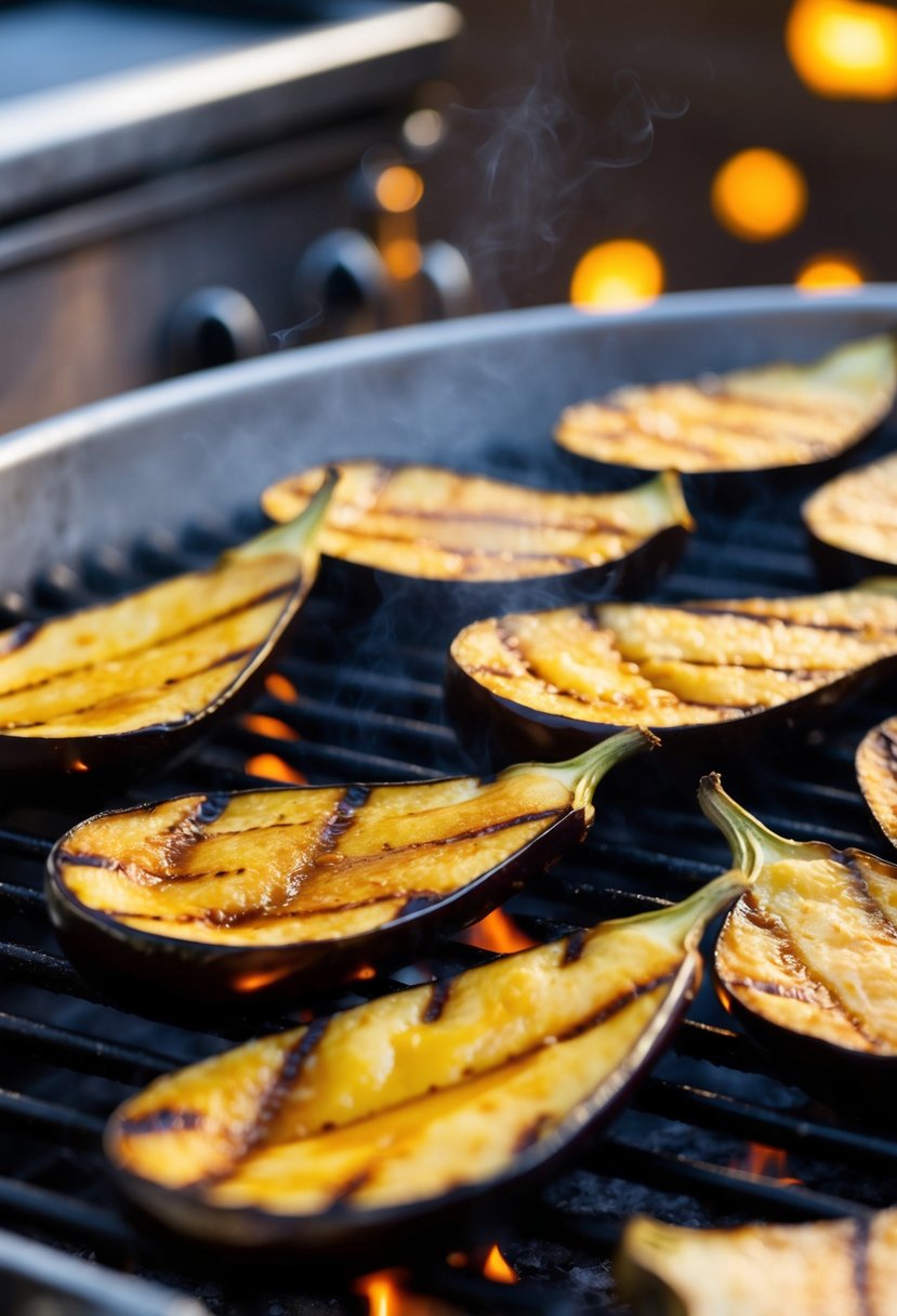 Slices of eggplant sizzling on a hot grill, caramelizing and turning golden brown as they cook