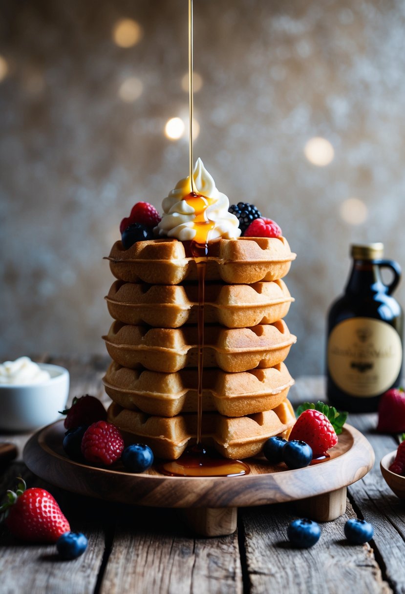 A stack of golden-brown sourdough waffles on a rustic wooden table, surrounded by fresh berries, a dollop of whipped cream, and a drizzle of maple syrup