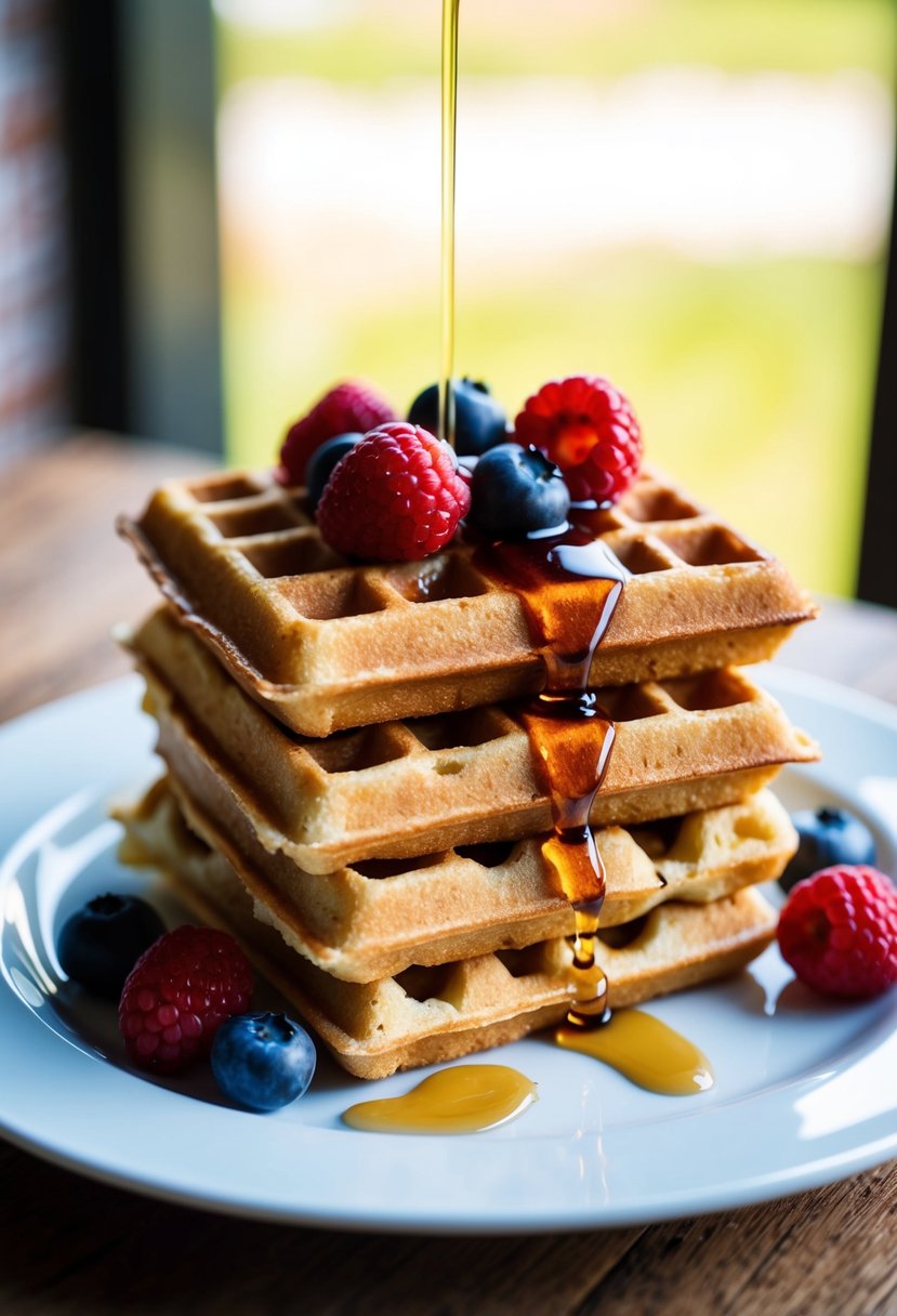 A stack of golden brown buttermilk waffles topped with fresh berries and drizzled with syrup on a white plate