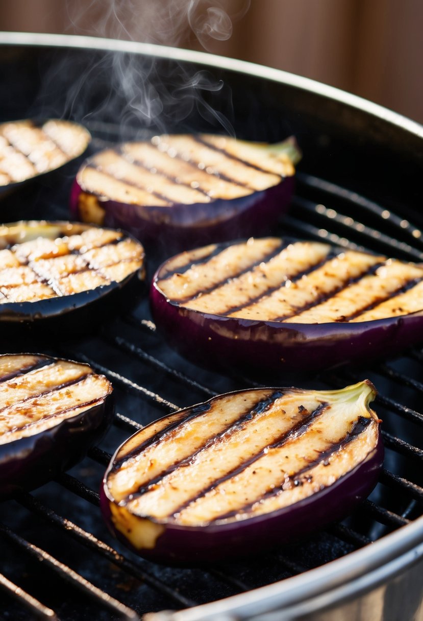 Grilled eggplant slices sizzling on a hot grill, releasing a savory aroma, with charred grill marks and a glossy sheen