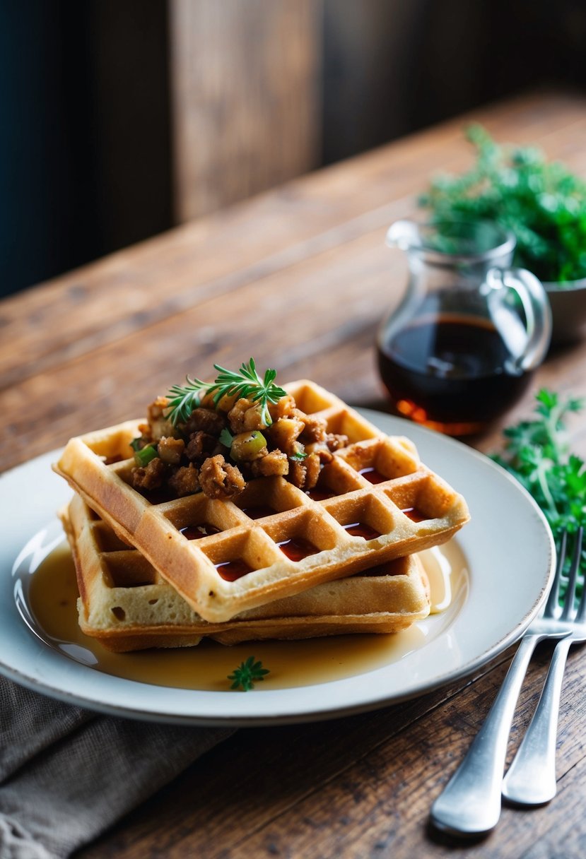 A plate of leftover stuffing waffles topped with syrup and fresh herbs on a rustic wooden table