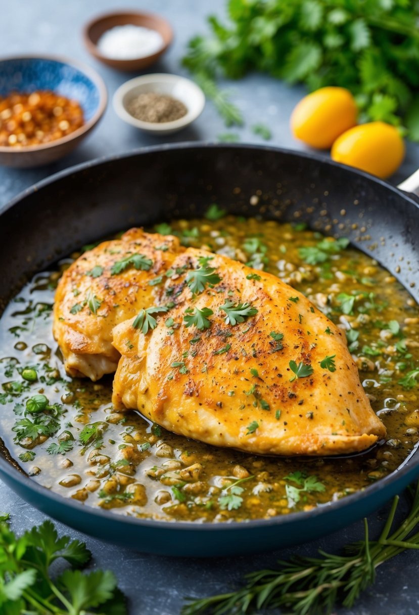 A sizzling chicken breast marinating in spicy buttermilk, surrounded by fresh herbs and spices