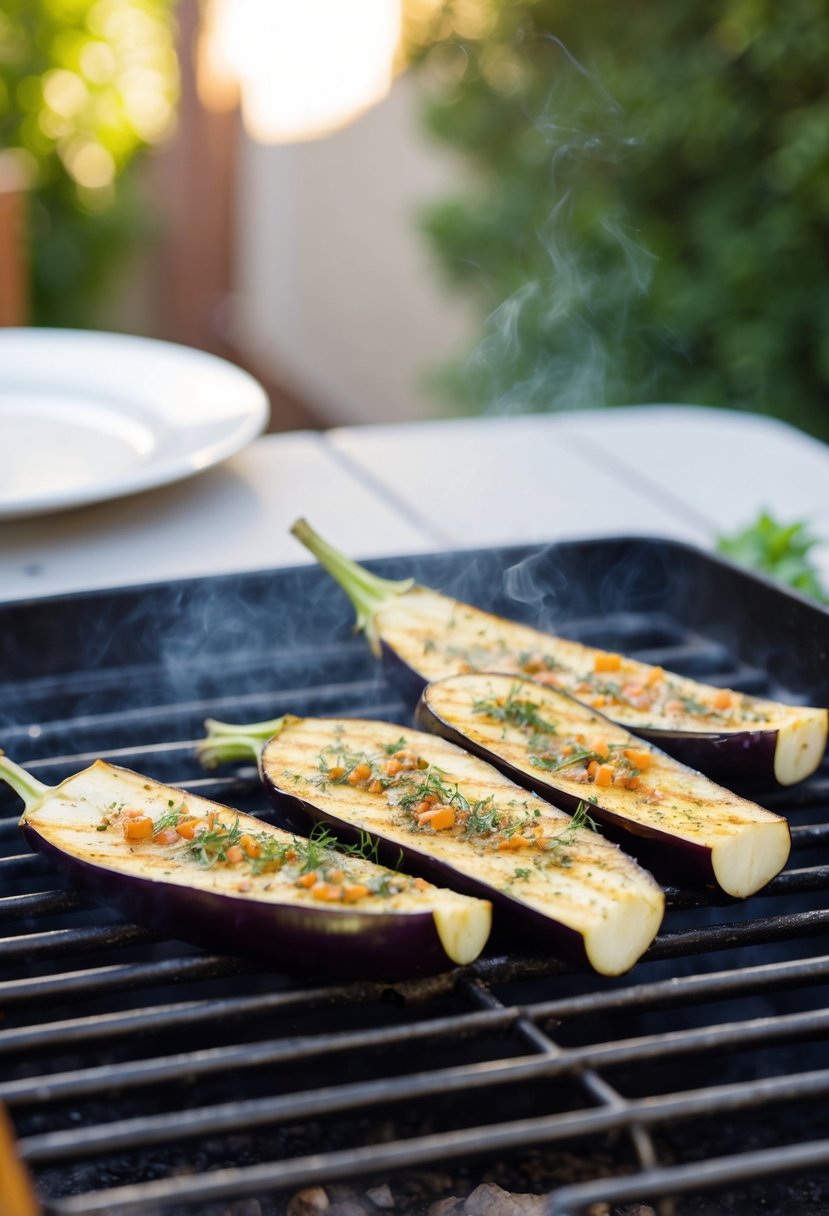 Sliced eggplant sizzling on a grill, seasoned with Italian herbs and spices