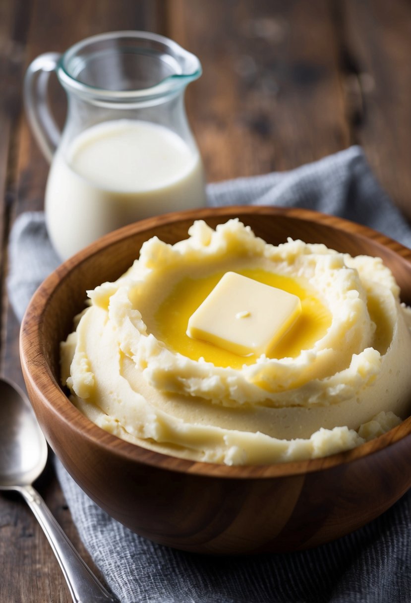 A wooden bowl filled with creamy mashed potatoes, a pat of butter melting on top, with a small pitcher of buttermilk beside it