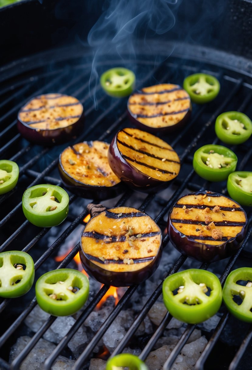 A sizzling eggplant slices on a smoky grill, surrounded by halved jalapenos and a sprinkle of spices