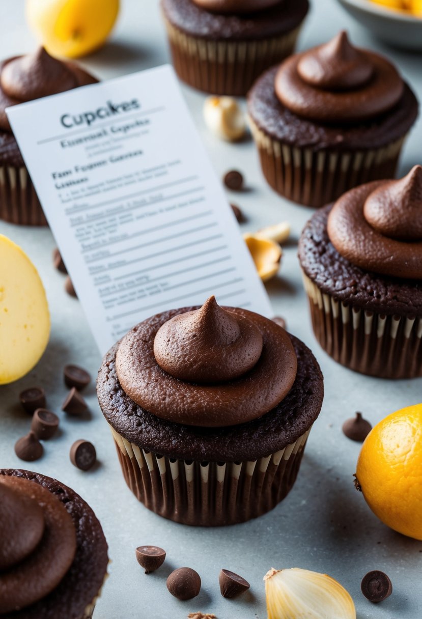 A tray of chocolate buttermilk cupcakes surrounded by ingredients and a recipe card