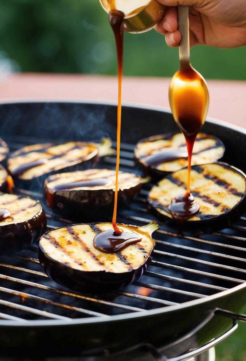 Grilled eggplant halves drizzled with balsamic glaze on a hot grill