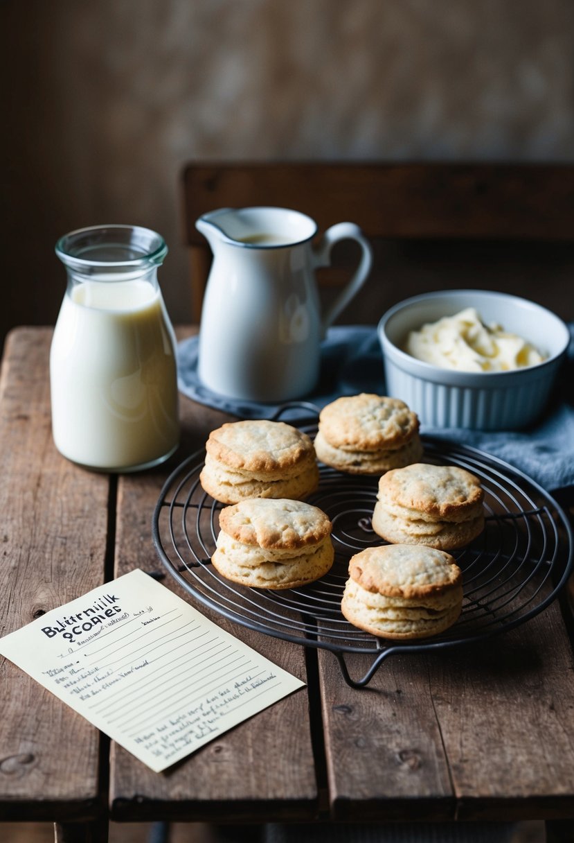 A rustic kitchen table with freshly baked buttermilk scones cooling on a wire rack, accompanied by a vintage milk jug and a handwritten buttermilk recipe card