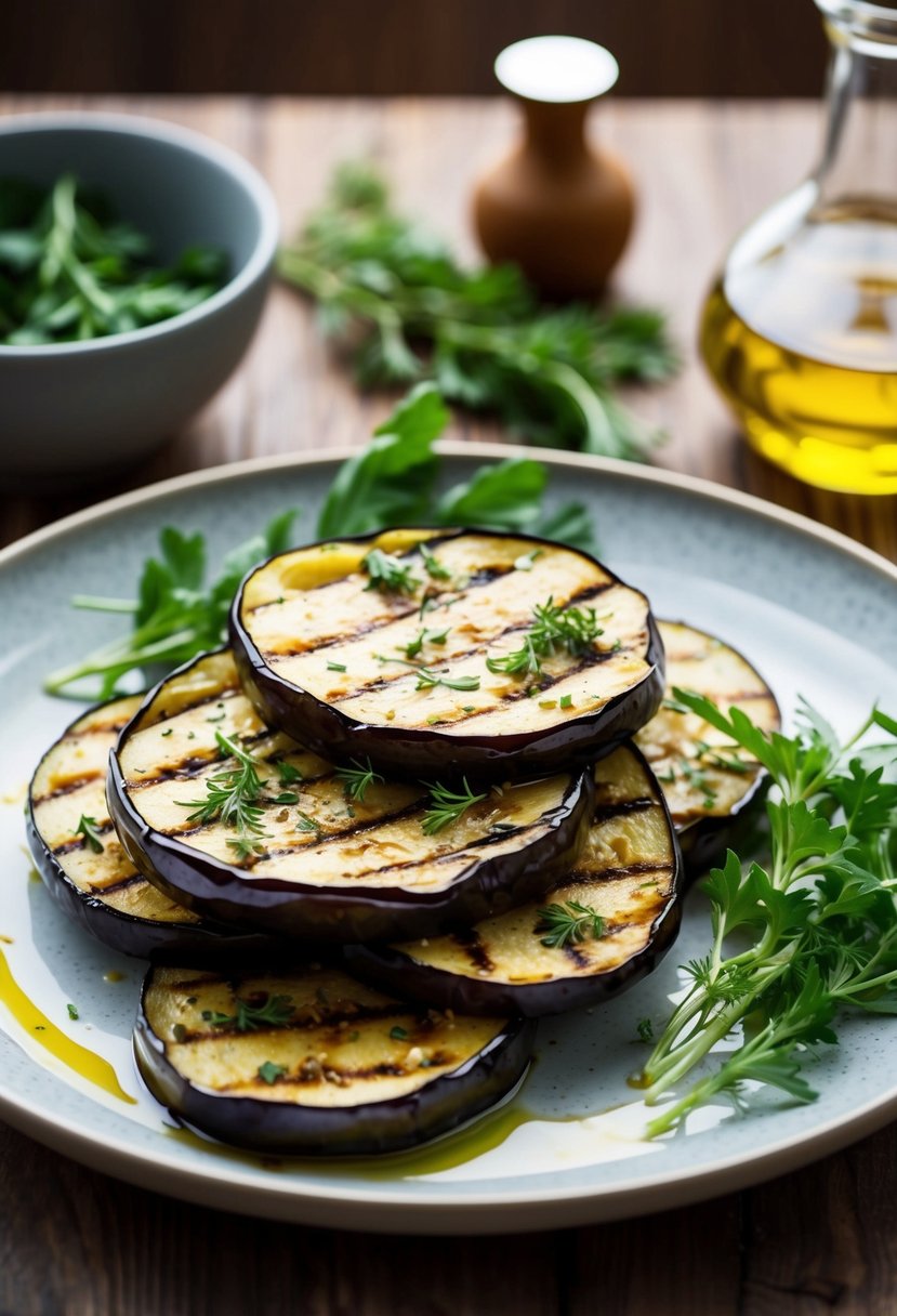 A platter of grilled eggplant slices with fresh herbs and olive oil