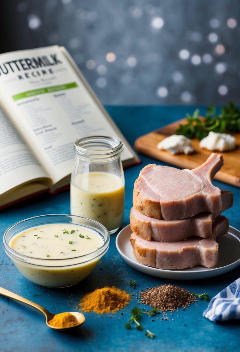 A bowl of buttermilk marinade sits next to a stack of pork chops, with herbs and spices scattered around. A recipe book is open to a page of buttermilk recipes in the background