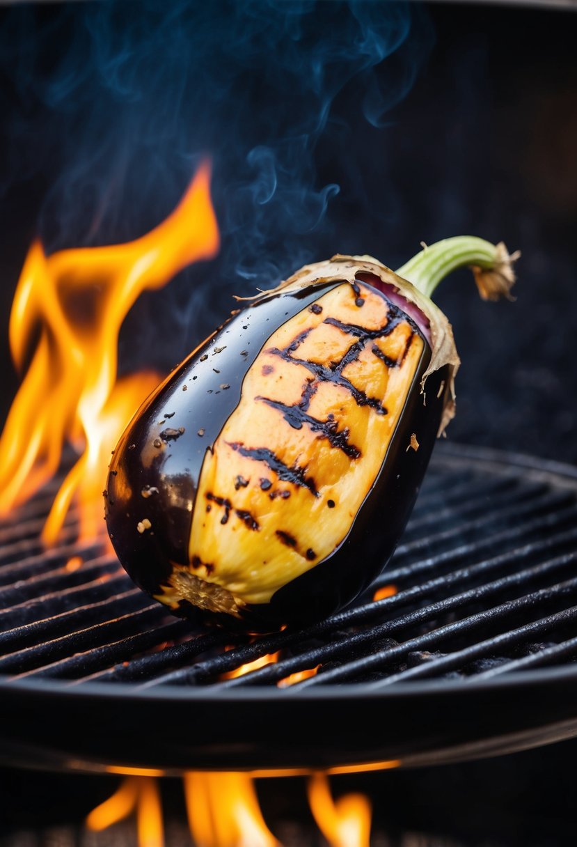 A charred eggplant sits on a grill, its skin tender and blackened from the flames