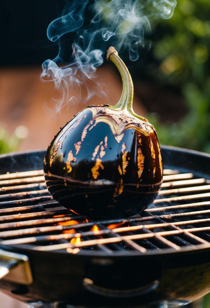 A sizzling eggplant on a hot grill, with charred grill marks and a hint of smoke rising from its surface